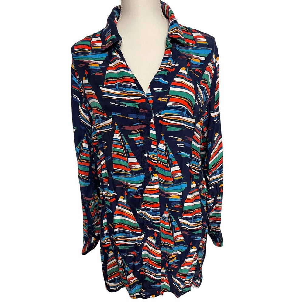 Soft Surroundings Sail Away Button Down Long Sleeve‎  Tunic Blouse Women's XL